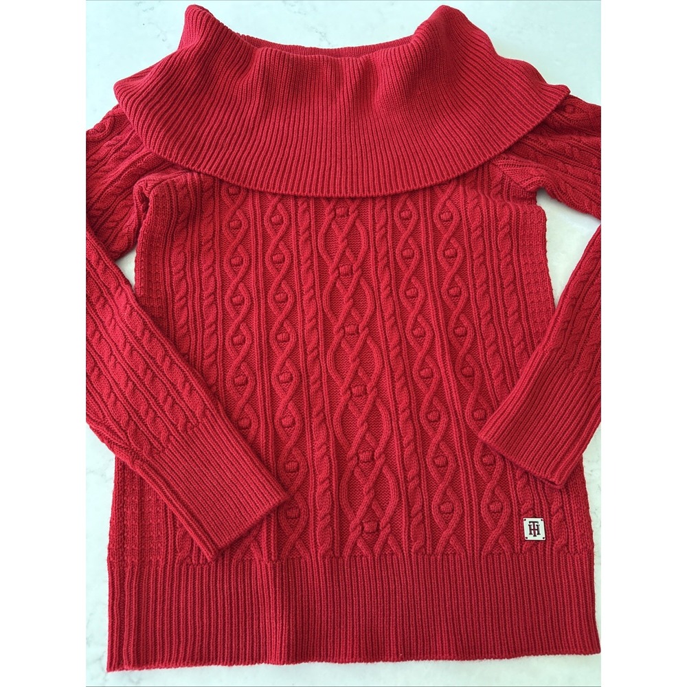 TOMMY‎ HILFIGER Cable Knit Womens M Turtleneck Cowl Neck Red SWEATER Holidays